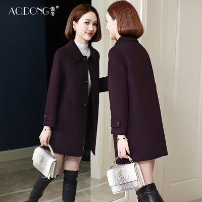 新款双面绒大衣女中长款显瘦羊毛小个子中老年妈妈娃娃领外套秋冬