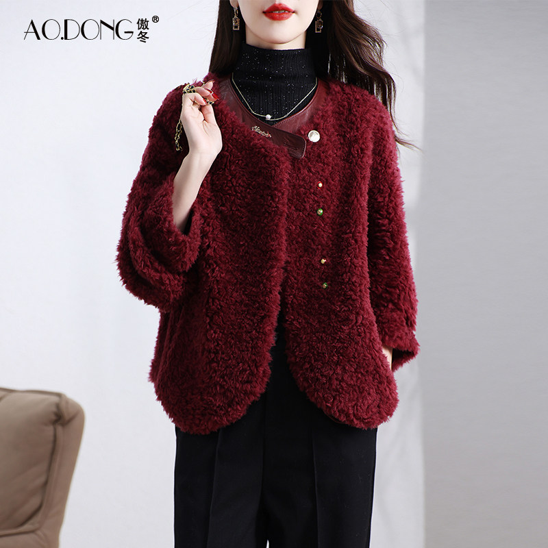 2024新款海宁颗粒绒皮草外套女短款圆领一体保暖羊羔毛大衣冬季,女装/女士精品,皮草,淘宝优惠券,粉丝福利购,淘宝优惠卷
