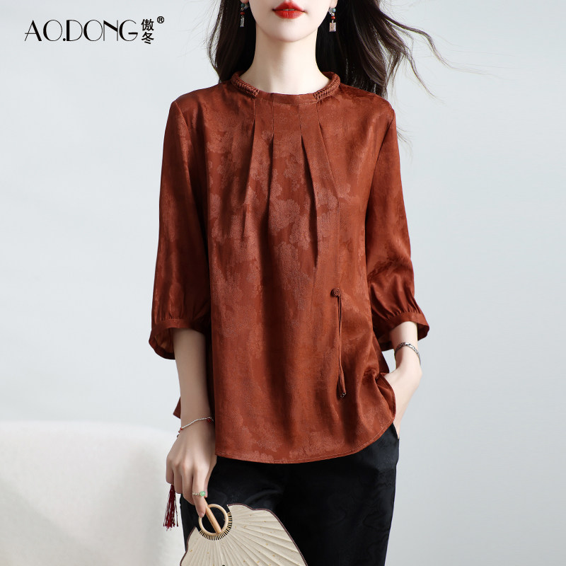 2025新款真丝上衣女休闲复古提花小衫桑蚕丝小众中国风T恤夏季,女装/女士精品,真丝上装,淘宝优惠券,粉丝福利购,淘宝优惠卷