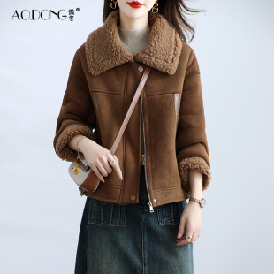 新款 加厚妈妈夹克保暖简约羊羔毛一体大衣冬 颗粒绒皮草外套女短款