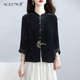 国风真丝丝绒上衣女桑蚕丝立领七分袖新中式复古休闲妈妈外套春秋