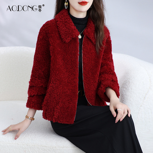 海宁颗粒绒皮草外套女短款羊剪绒一体保暖拉链妈妈羊羔毛大衣冬季