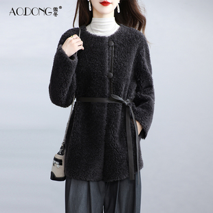 海宁颗粒绒皮草外套女中长款羊剪绒一体保暖系带妈妈羊羔毛大衣冬
