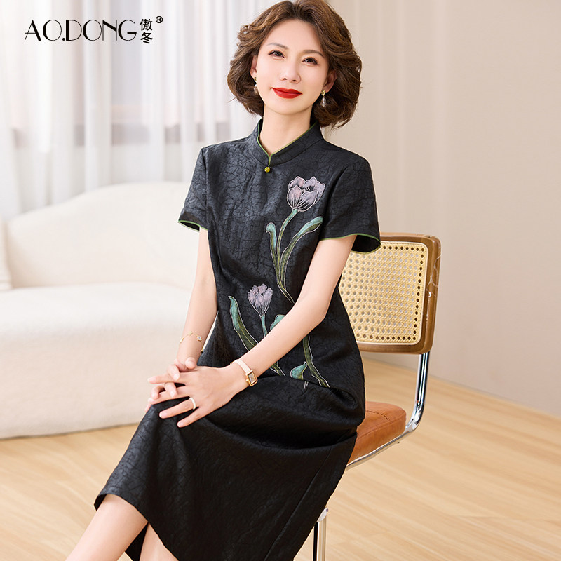 香云纱真丝连衣裙女桑蚕丝中老年妈妈改良旗袍新中式印花裙子夏季