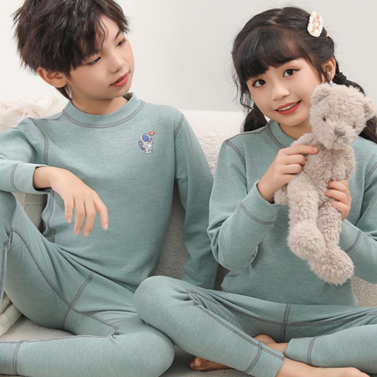 儿童羊绒蚕丝保暖内衣套装女童男童加绒秋衣秋裤中领青少年打底衫