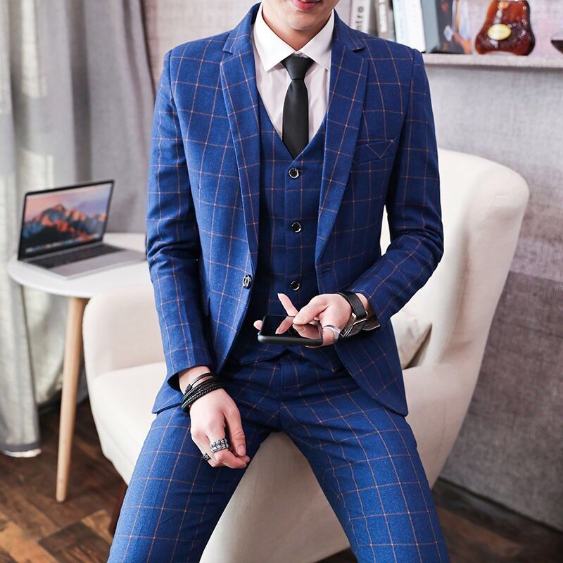 西服男套装修身三件套韩版西装格子毕业正装伴郎新郎结婚礼服潮帅