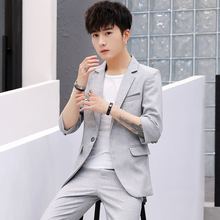 男士夏季薄款休闲西服套装韩版青年帅气修身潮流中袖小西装两件套
