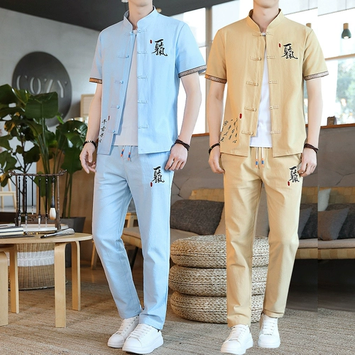 Летний комплект, кардиган, хлопковое ханьфу, из хлопка и льна, китайский стиль, с вышивкой, короткий рукав