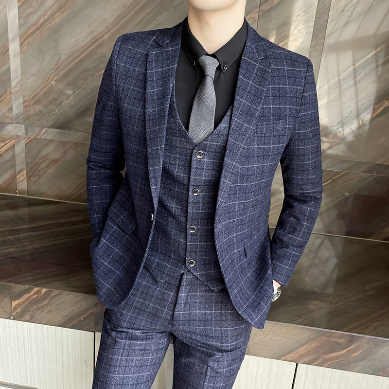 西装男套装韩版修身帅气英伦风艺考格子西服suit婚礼新郎结婚礼服