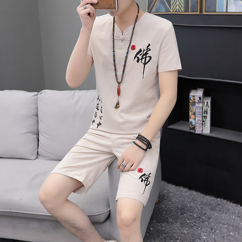 夏季亚麻套装男士棉麻半袖两件套