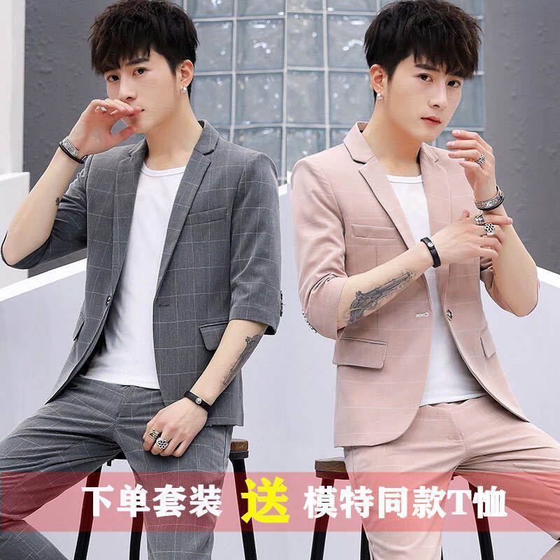 夏季西服套装男薄款休闲格子中袖小西装男外套修身短袖西服三件套