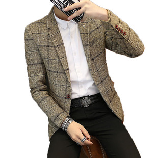 春秋韩版男士休闲西服上衣外套青年英伦修身格子毛呢单小西装厚款