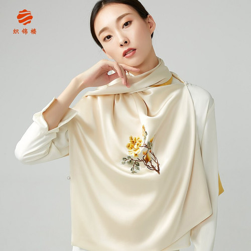 织锦楼真丝手工苏绣长款披肩女桑蚕丝盘扣刺绣丝巾装饰旗袍围巾 - 封面
