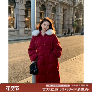 竹依依 90白鹅绒红色长款系带羽绒服女冬季复古过膝加厚狐狸大毛