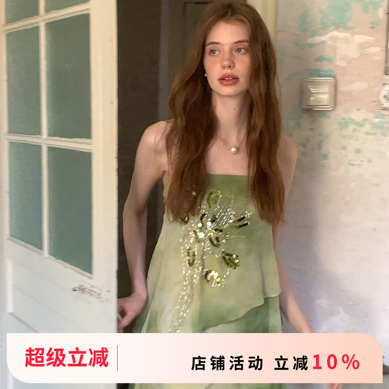 竹依依法式原创绿野仙踪手工钉珠薄纱吊带连衣裙女夏古典中式长裙