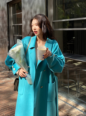 蓝色双排扣双面羊毛大衣女中长款系过膝带全羊毛毛呢外套