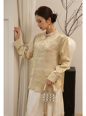 竹依依金黄色立领斜襟盘扣新中式国风衬衫女装春季印花长袖上衣