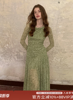 竹依依 原创法式复古绿斑马纹薄纱连衣裙女秋清冷高级感长袖长裙