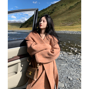蚕丝羊毛呢外套 长款 竹依依连帽棕驼色双面羊绒大衣女2025新款 春季