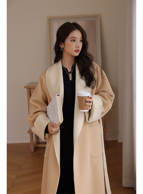 竹依依高级气质浅米卡其色翻领系带浴袍式双面呢羊毛大衣外套2024