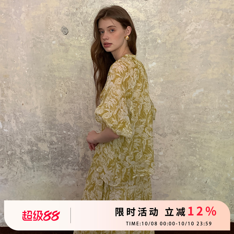 100%苎麻印花短袖衬衫+半裙套装