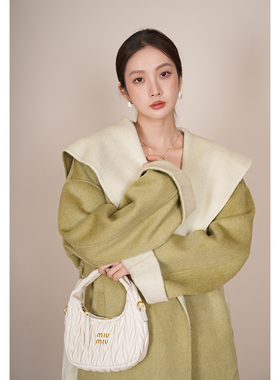 竹依依大翻领绿色短款双面羊绒大衣女冬2025新款高端纯羊毛呢外套