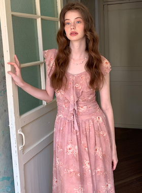 竹依依原创法式复古粉/黄色无袖薄纱连衣裙女收腰慵懒感气质长裙