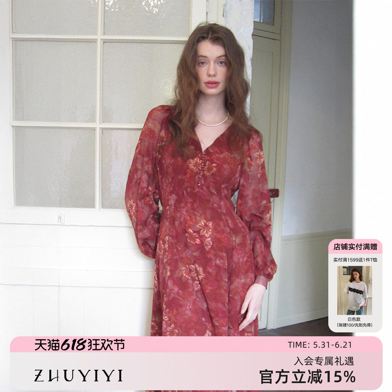 竹依依原创法式复古红色碎花灯笼长袖连衣裙女V领收腰轻盈感长裙