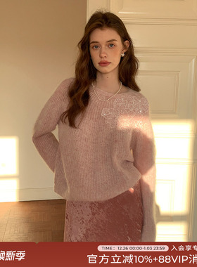 竹依依粉色丝绒半身裙女春季高腰中长款宽松百搭高级感卷边A字裙