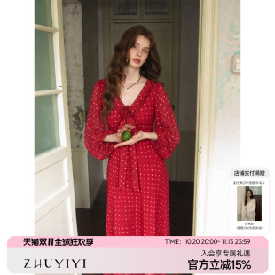 竹依依红色复古连衣裙长袖V领显白气质裙春秋仙女风波点系带长裙