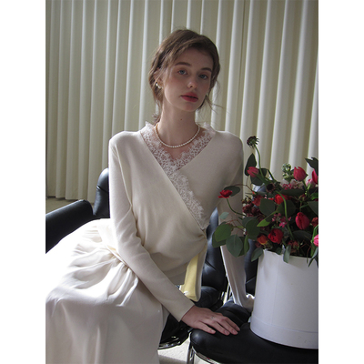 高级感蕾丝花边长袖针织衫上衣女