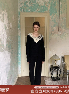 竹依依黑白两色羊毛v领毛衣女春季蕾丝拼接设计慵懒风针织衫上衣