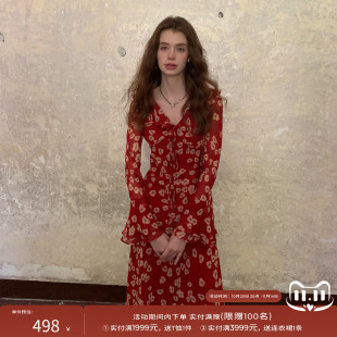 竹依依 复古红色碎花连衣裙女秋印花掐腰显瘦显白长裙子 原创法式