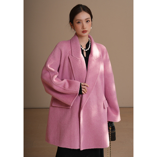 竹依依高端粉色双面羊绒大衣女短款2025春季新款羊毛呢外套小个子
