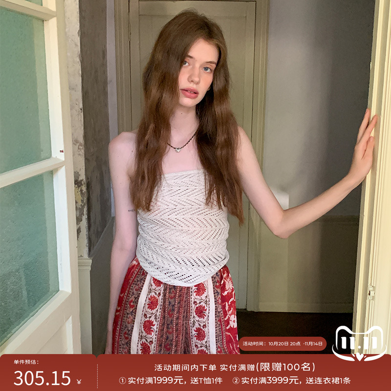 竹依依法式原创亚麻印花撞色民族风休闲抹胸上衣+阔腿裤长裤套装