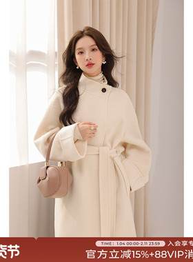 竹依依白色高级感一粒扣双面呢羊毛大衣女外套冬季新款
