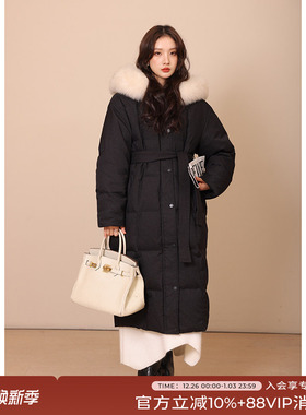 竹依依钻闪连帽长款2025黑色羽绒服女大毛领90白鹅绒