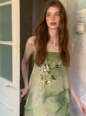 竹依依法式原创绿野仙踪手工钉珠薄纱吊带连衣裙女夏古典中式长裙