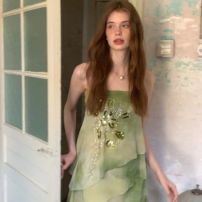 绿野仙踪手工钉珠薄纱吊带连衣裙