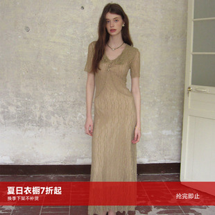 竹依依法式复古卡其色蕾丝薄纱连衣裙女夏老钱风韵味性感包臀长裙