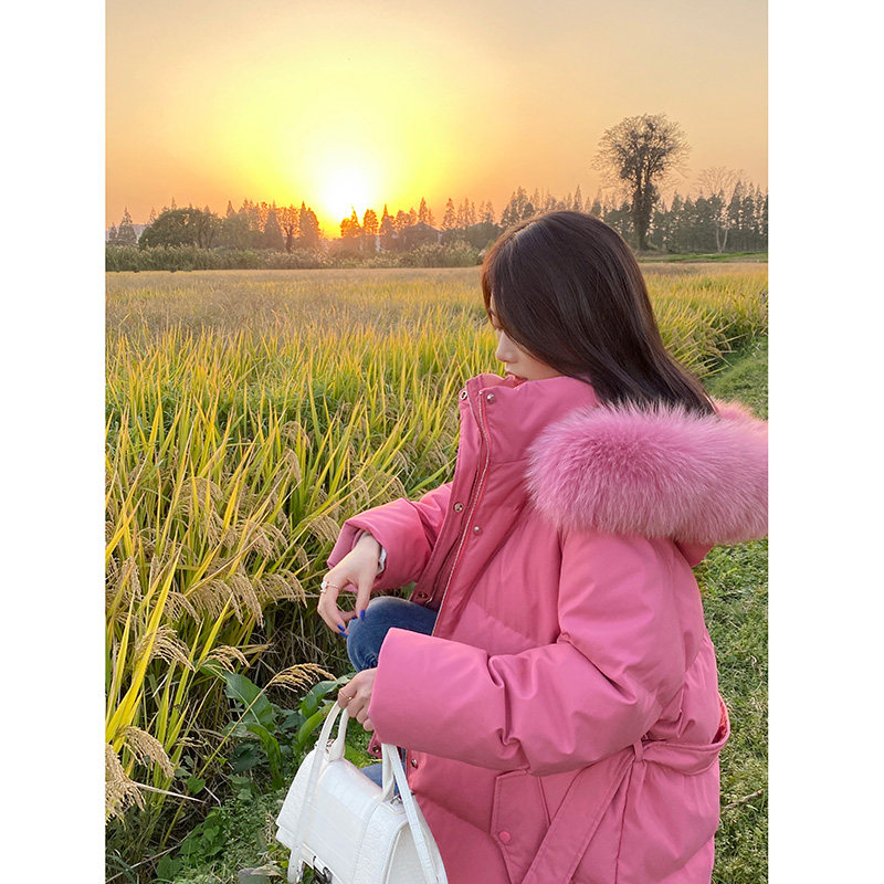 竹依依短款粉色90白鹅绒羽绒服女冬加厚保暖大毛领外套宽松巨显白