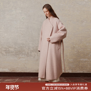 竹依依烟粉色羊毛牦牛绒山羊绒双面毛呢大衣女冬中长款宽松外套
