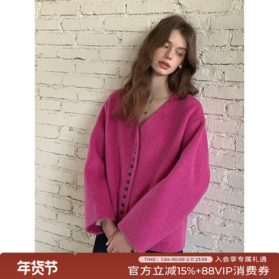 竹依依玫红色骆驼绒双面呢羊毛外套女春季高级感复古短款大衣