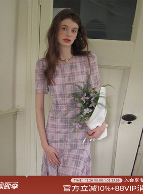 竹依依法式复古浪漫紫色雪纺印花格子短袖薄纱连衣裙女夏收腰长裙