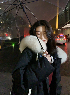 竹依依真狐狸毛大毛领90白鸭绒黑色羽绒服女冬中长款高端保暖外套