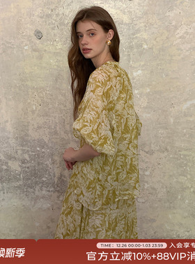 竹依依法式原创黄绿色100%苎麻印花短袖衬衫+中长款半身裙套装女