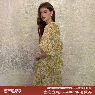 半身裙套装 竹依依法式 中长款 衬衫 女 原创黄绿色100%苎麻印花短袖