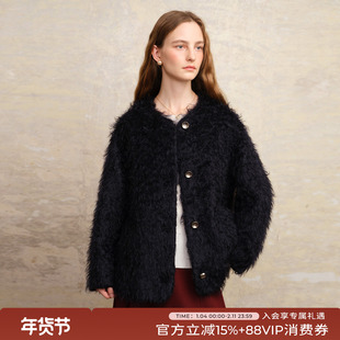 竹依依卡布里蓝马海毛毛呢大衣女冬季短款宽松毛毛外套25年新款