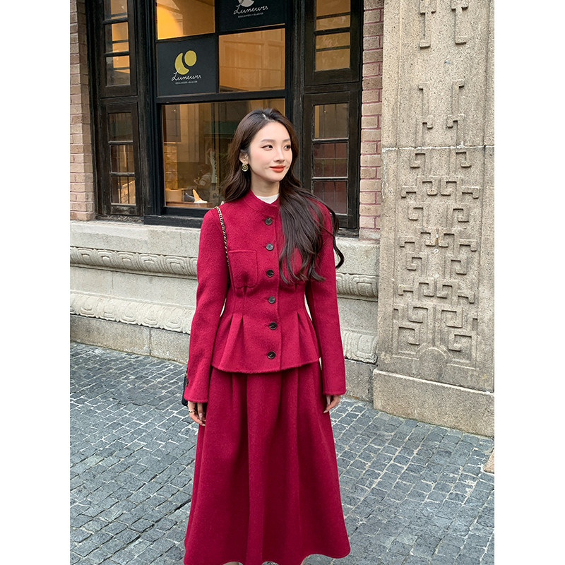 竹依依 浆果红色双面呢两件套装裙女爆款敬酒服订婚礼服毛呢套装,女装/女士精品,时尚套装,淘宝优惠券,粉丝福利购,淘宝优惠卷