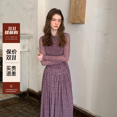 竹依依法式波点长袖薄纱连衣裙女